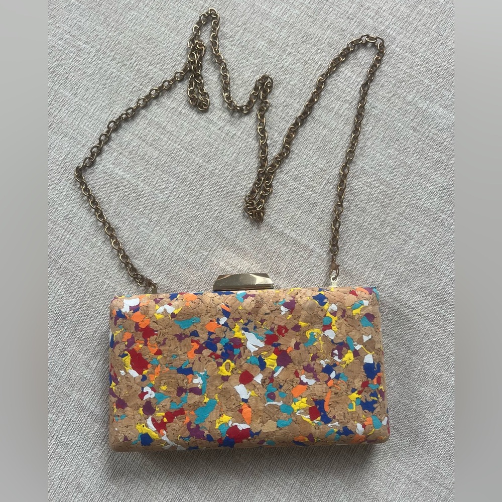 Sondra Roberts Confetti Cork Bag with Gold Clasp Closure.